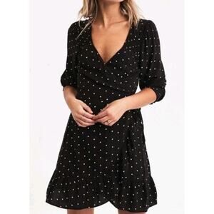 American Eagle~Woman Size L~Black/White Polka Dot Ruffle Tie Wrap Dress Long Slv